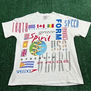 Vintage Speedo AOP Single Stitch Flags Sports Swim T-Shirt Mens XL White 90s